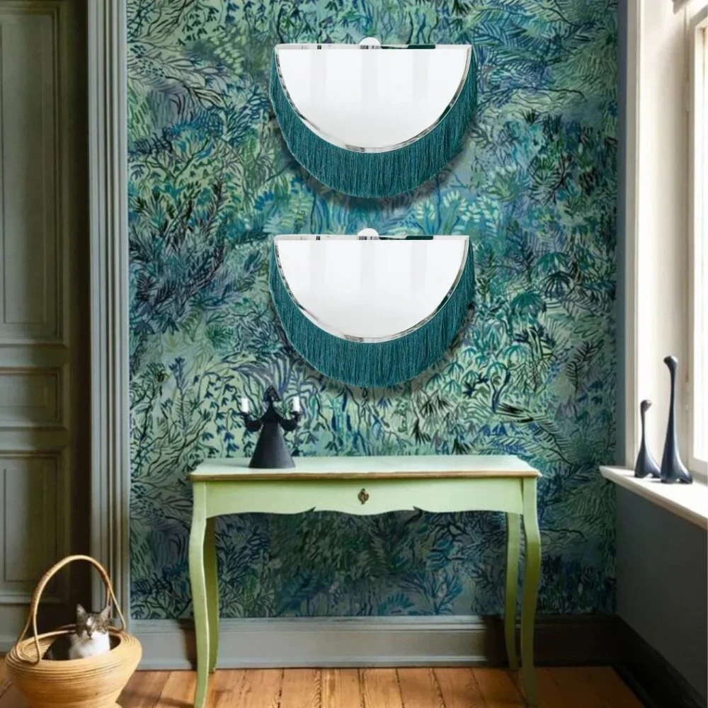 Unique NEW IN BOX Gorgeous Boho Mod Teal Fringe Half Moon Beveled Wall Mirror